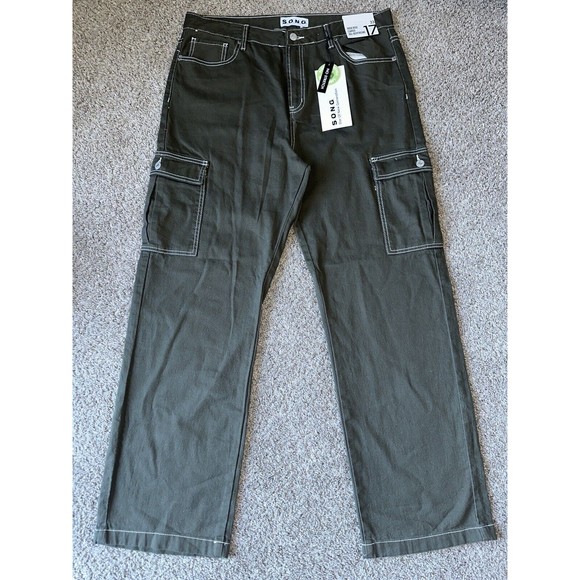 High Rise Cargo 90s Boyfriend Slouchy Baggy Jeans Wide Leg Army Green Size 17/33 - Picture 16 of 16